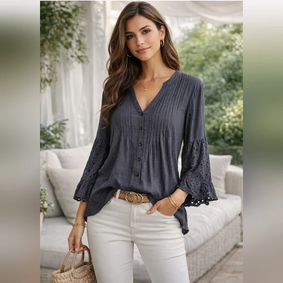 Women's Boho Charcoal Button Front Blouse Eyelet Bell Sleeves Medium Casual Chic - Picture 1 of 7